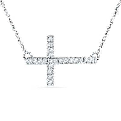 Lab-Created White Sapphire Sideways Cross Necklace in Sterling Silver