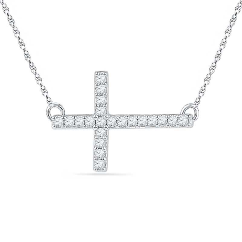 Lab-Created White Sapphire Sideways Cross Necklace in Sterling Silver|Peoples Jewellers