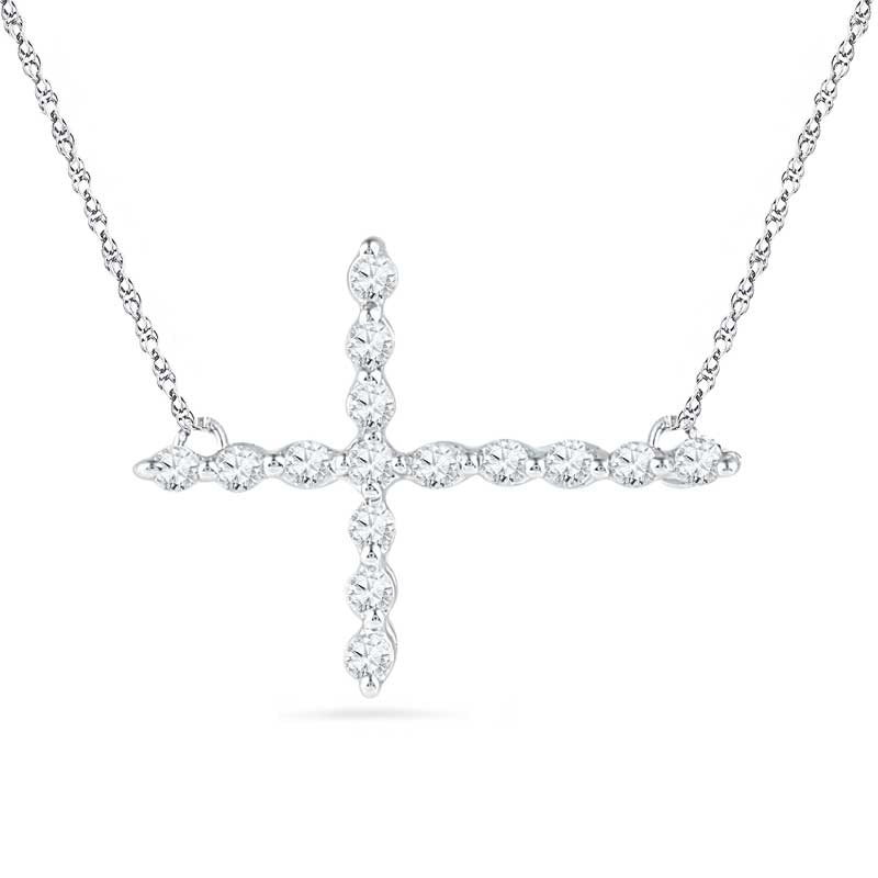 Main Image 1 of Lab-Created White Sapphire Sideways Cross Necklace in Sterling Silver