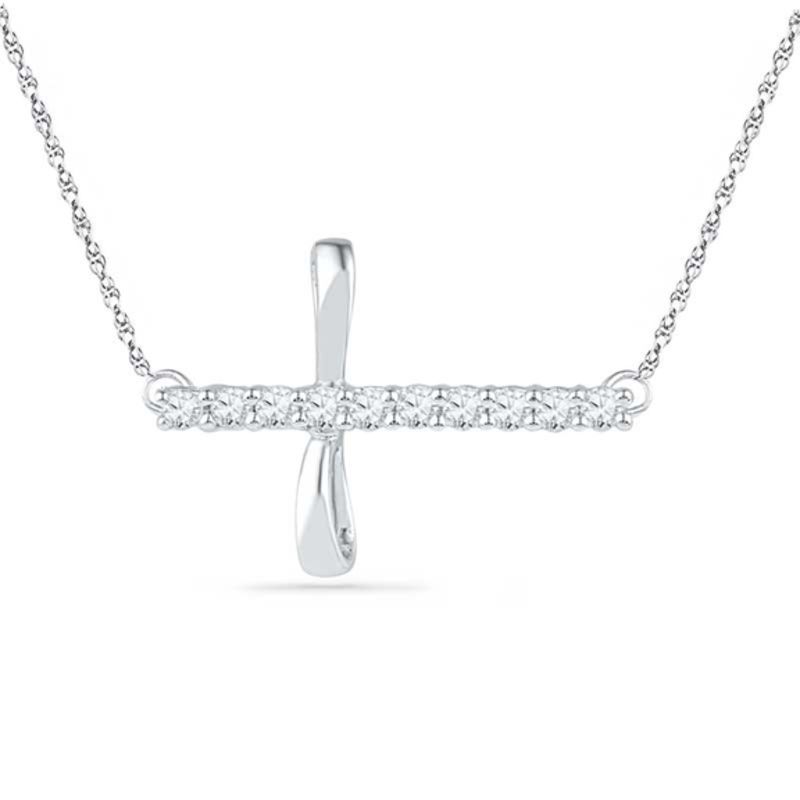 Main Image 1 of Lab-Created White Sapphire Sideways Cross Necklace in Sterling Silver