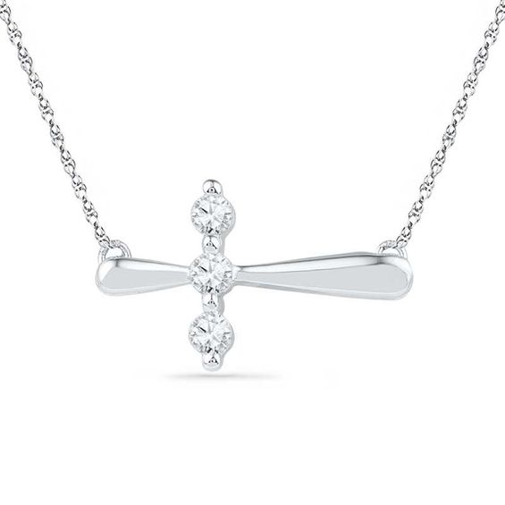 Lab-Created White Sapphire Three Stone Sideways Cross Necklace in Sterling Silver