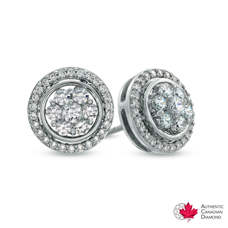 0.63 CT. T.W. Certified Canadian Diamond Cluster Frame Stud Earrings in 14K White Gold (I/I1)|Peoples Jewellers