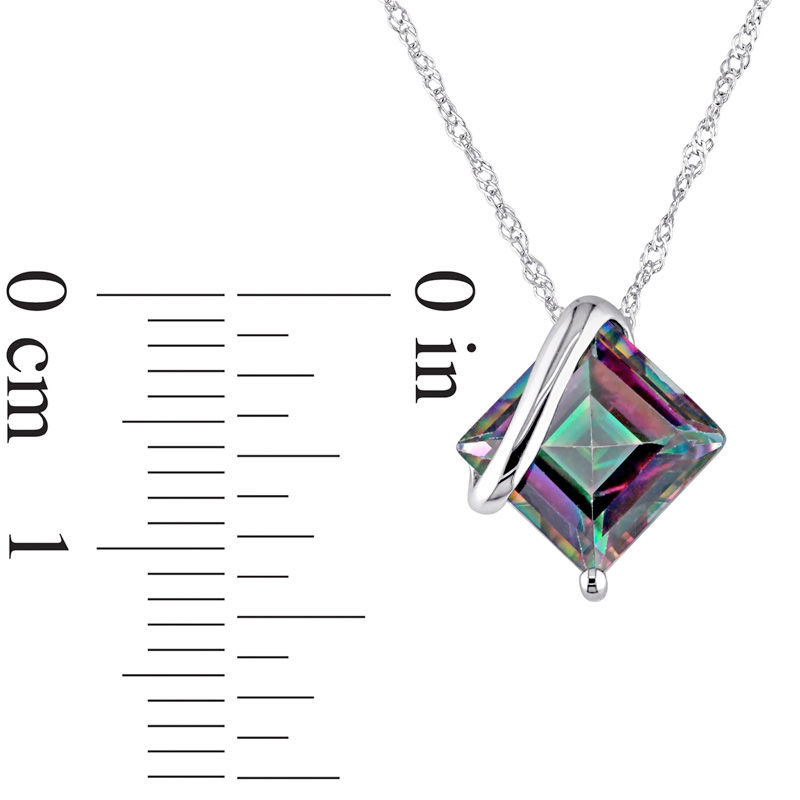 8.0mm Princess-Cut Rainbow Green Topaz Overlay Pendant in 10K White Gold - 17"