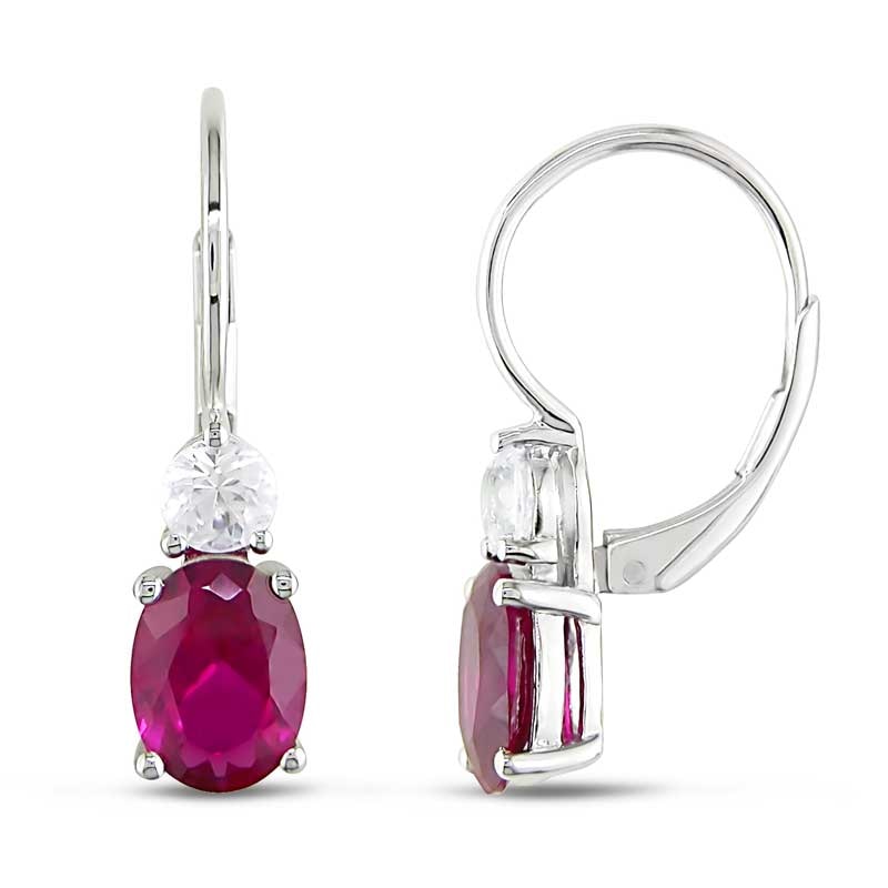 Oval Lab-Created Ruby and White Lab-Created Sapphire Earrings in Sterling Silver|Peoples Jewellers