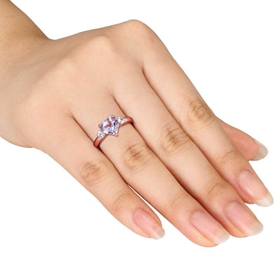 Heart-Shaped Amethyst and White Lab-Created Sapphire Ring in Sterling Silver with Rose Rhodium