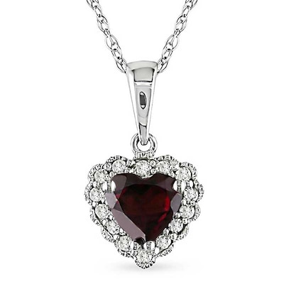 5.0mm Heart-Shaped Garnet and Diamond Accent Frame Pendant in 10K White Gold - 17"