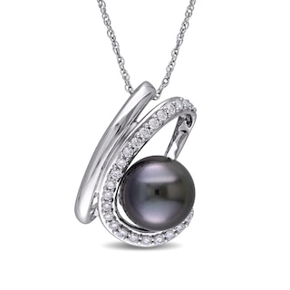 9.0-9.5mm Black Tahitian Cultured Pearl and 0.23 CT. T.W. Diamond Swirl Pendant in 10K White Gold-17"