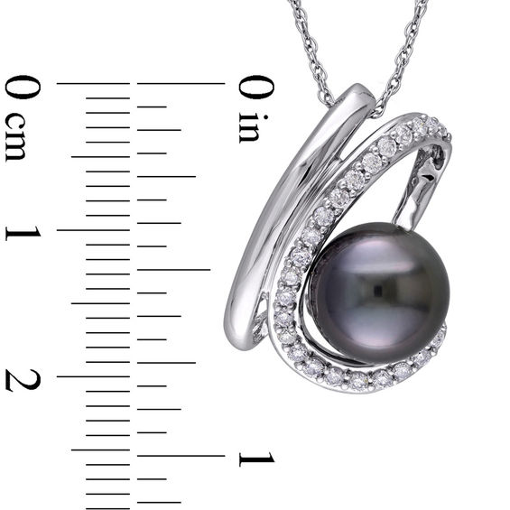 9.0-9.5mm Black Tahitian Cultured Pearl and 0.23 CT. T.W. Diamond Swirl Pendant in 10K White Gold-17"