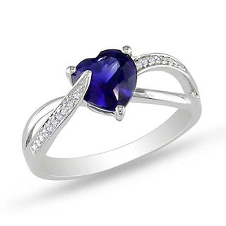 7.0mm Heart-Shaped Lab-Created Blue Sapphire and Diamond Accent Ring in Sterling Silver