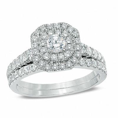 0.95 CT. T.W. Diamond Double Frame Bridal Set in 14K White Gold