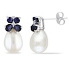 Thumbnail Image 0 of 8.0-8.5mm Freshwater Cultured Pearl, Blue Sapphire and Diamond Accent Earrings in 10K White Gold