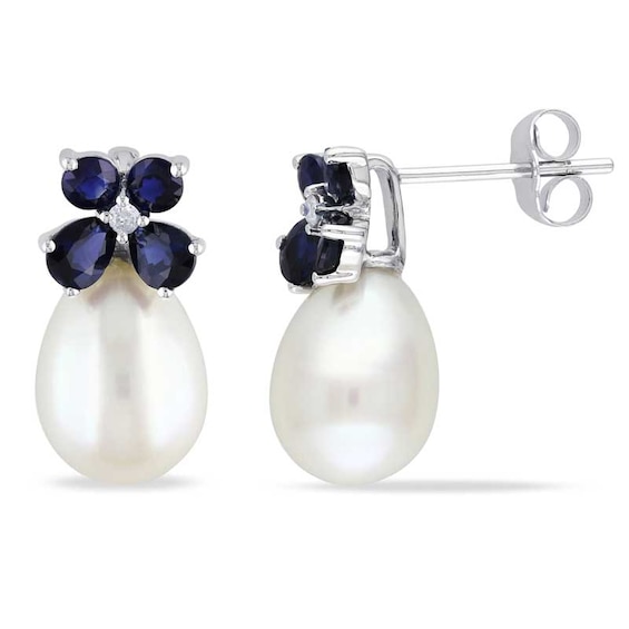 8.0-8.5mm Freshwater Cultured Pearl, Blue Sapphire and Diamond Accent Earrings in 10K White Gold