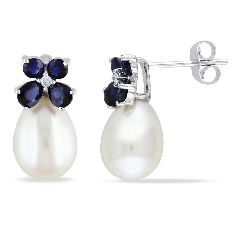 8.0-8.5mm Freshwater Cultured Pearl, Blue Sapphire and Diamond Accent Earrings in 10K White Gold|Peoples Jewellers