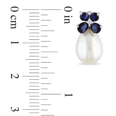 8.0-8.5mm Freshwater Cultured Pearl, Blue Sapphire and Diamond Accent Earrings in 10K White Gold