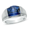 Men's Barrel-Cut Blue Lab-Created Sapphire and Diamond Accent Ring in Sterling Silver