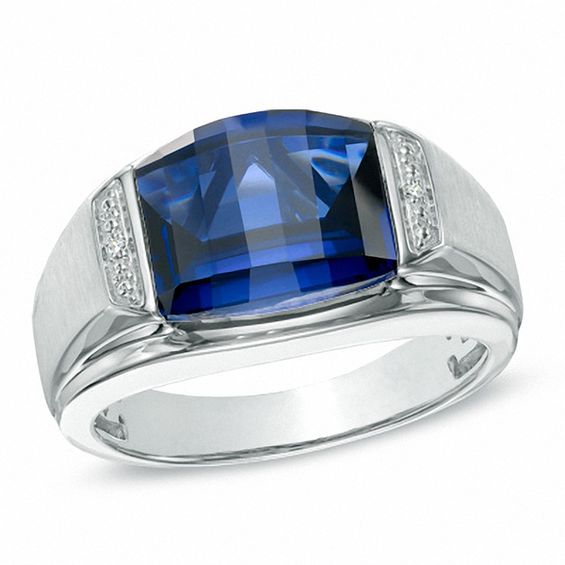 Men's Barrel-Cut Lab-Created Blue Sapphire and Diamond Accent Ring in ...