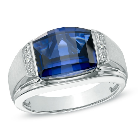 Men's Barrel-Cut Blue Lab-Created Sapphire and Diamond Accent Ring in Sterling Silver