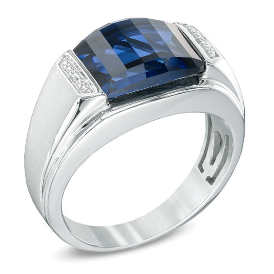 Men's Barrel-Cut Blue Lab-Created Sapphire and Diamond Accent Ring in Sterling Silver