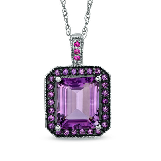 Rectangular Amethyst and Lab-Created Pink Sapphire Pendant in Sterling ...