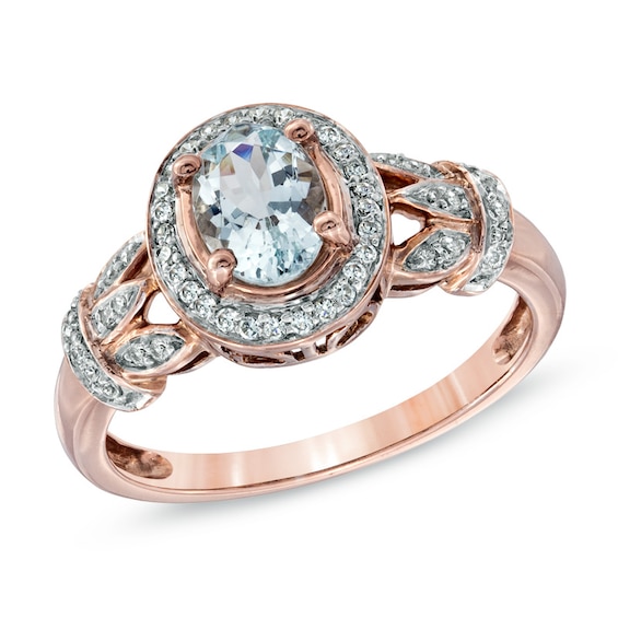 Oval Aquamarine and 0.16 CT. T.W. Diamond Frame Vine Ring in 10K Rose Gold