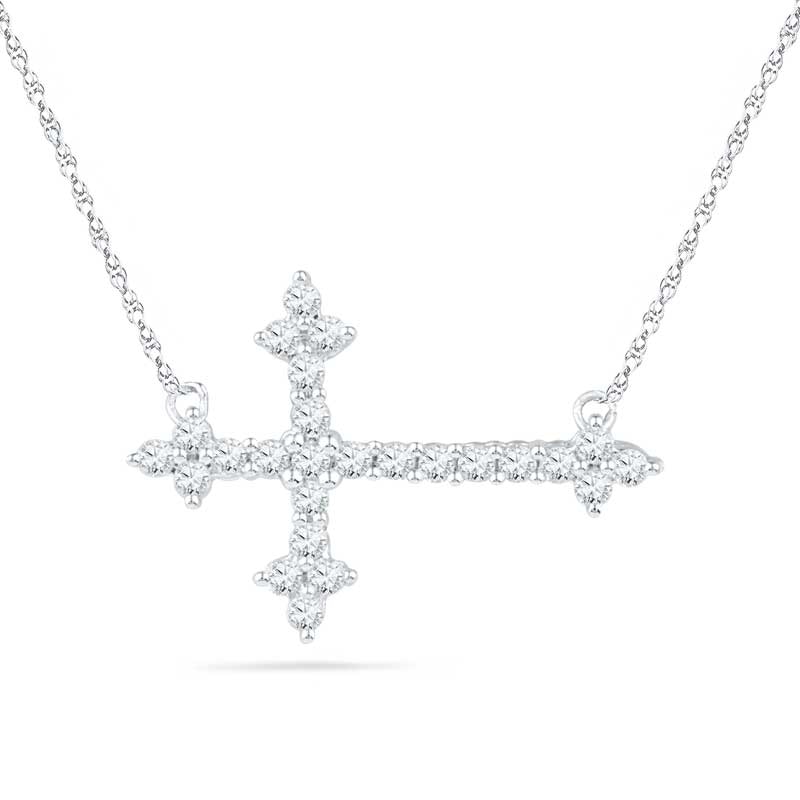 Lab-Created White Sapphire Sideways Cross Necklace in Sterling Silver|Peoples Jewellers