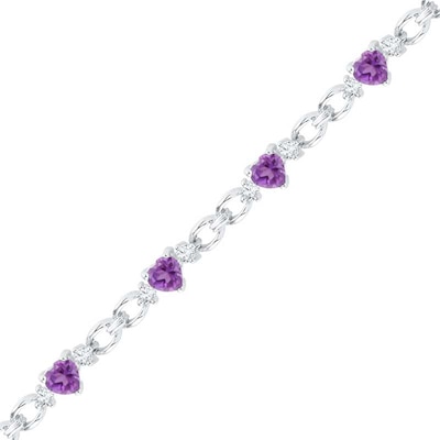 5.0mm Heart-Shaped Amethyst and Lab-Created White Sapphire Bracelet in Sterling Silver - 7.5"