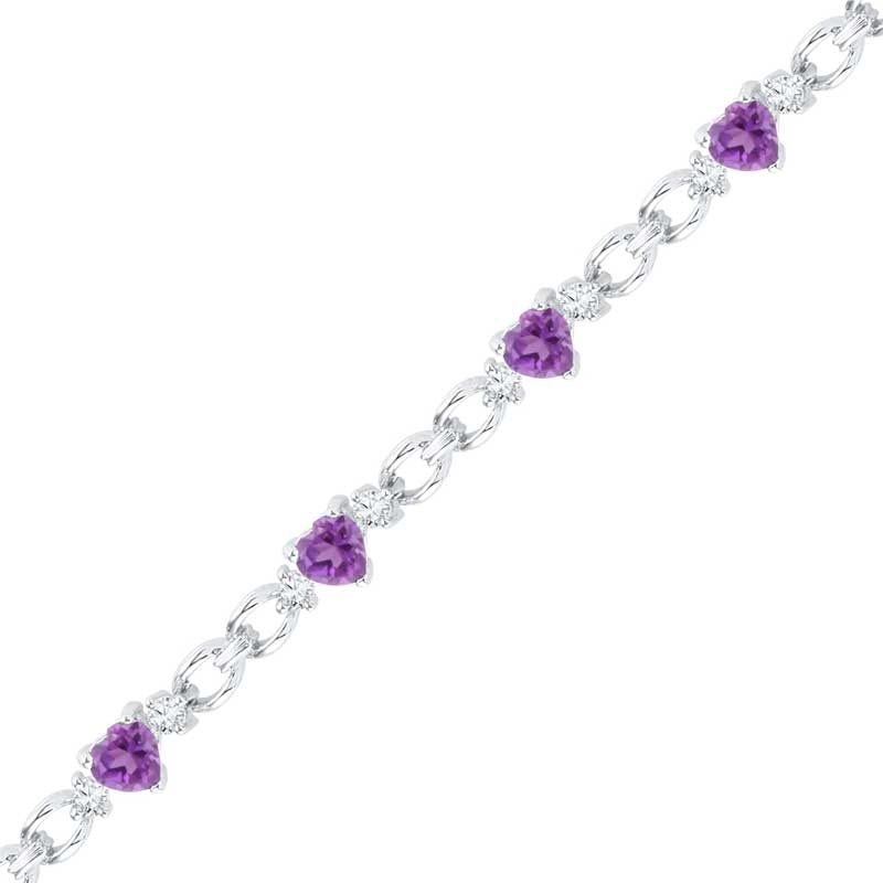 5.0mm Heart-Shaped Amethyst and Lab-Created White Sapphire Bracelet in Sterling Silver - 7.5"|Peoples Jewellers