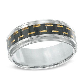 Men's 9.0mm Two-Tone Carbon Fibre Comfort Fit Wedding Band in Stainless Steel - Size 10