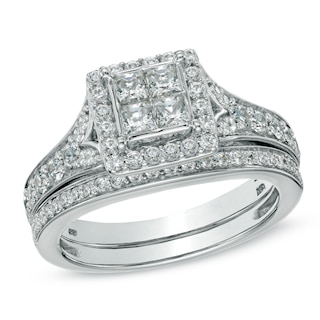 1.00 CT. T.W. Princess-Cut Quad Diamond Frame Bridal Set in 14K White Gold