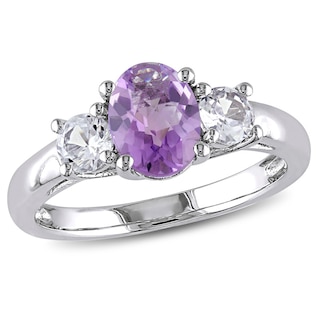 Oval Amethyst and White Lab-Created Sapphire Three Stone Ring in Sterling Silver