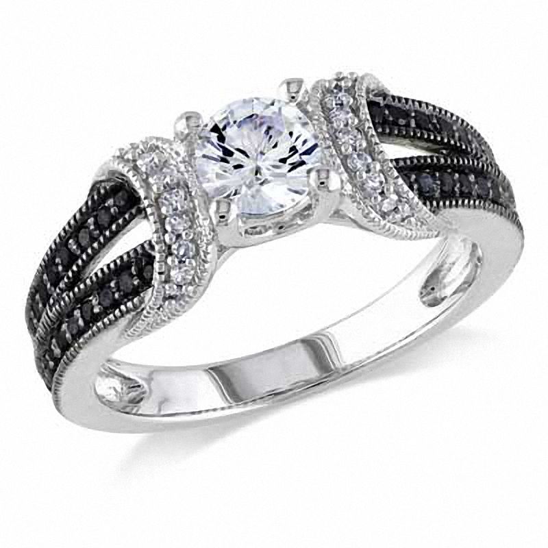 5.0mm Lab-Created White Sapphire and 0.24 CT. T.W. Enhanced Black and White Diamond Ring in Sterling Silver