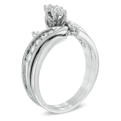 0.50 CT. T.W. Marquise Diamond Three Stone Slant Bridal Set in 10K White Gold