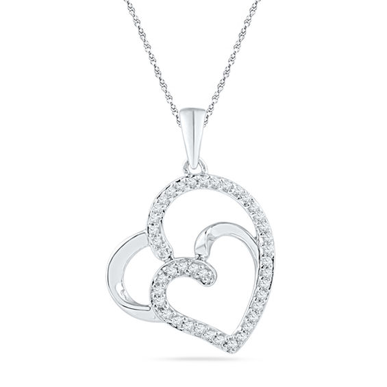 CT. T.W. Diamond Tilted Double Heart Pendant in Sterling Silver