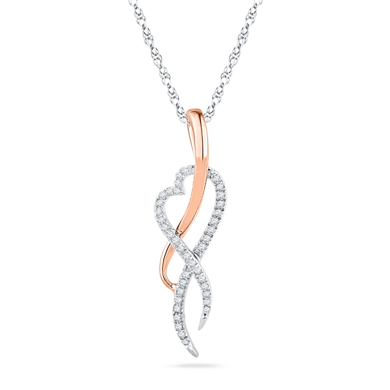 0.12 CT. T.W. Diamond Ribbon Heart Pendant in Sterling Silver and 10K Rose Gold