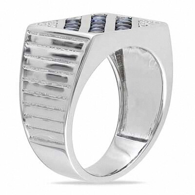 Men's Blue and White Sapphire Slant Ring in Sterling Silver