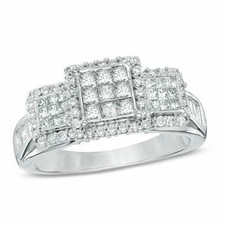 1.00 CT. T.W. Princess-Cut Composite Diamond Three Stone Frame Ring in 10K White Gold