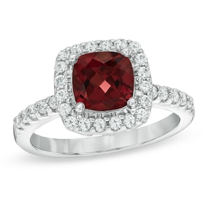 7.0mm Cushion-Cut Garnet and Lab-Created White Sapphire Frame Ring in Sterling Silver