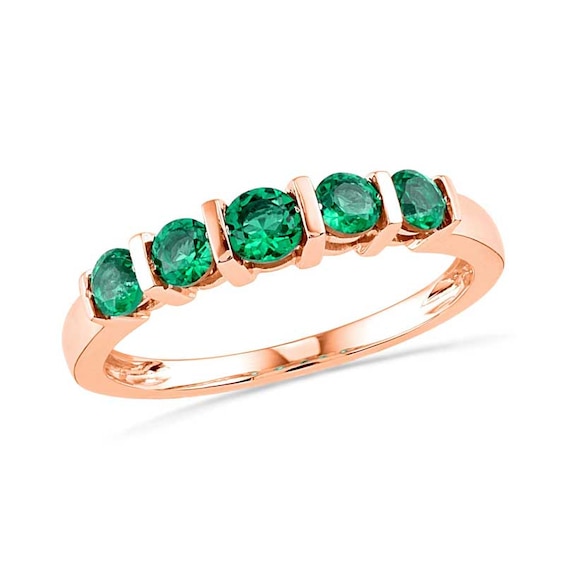 Lab-Created Emerald Five Stone Anniversary Band in 10K Rose Gold ...
