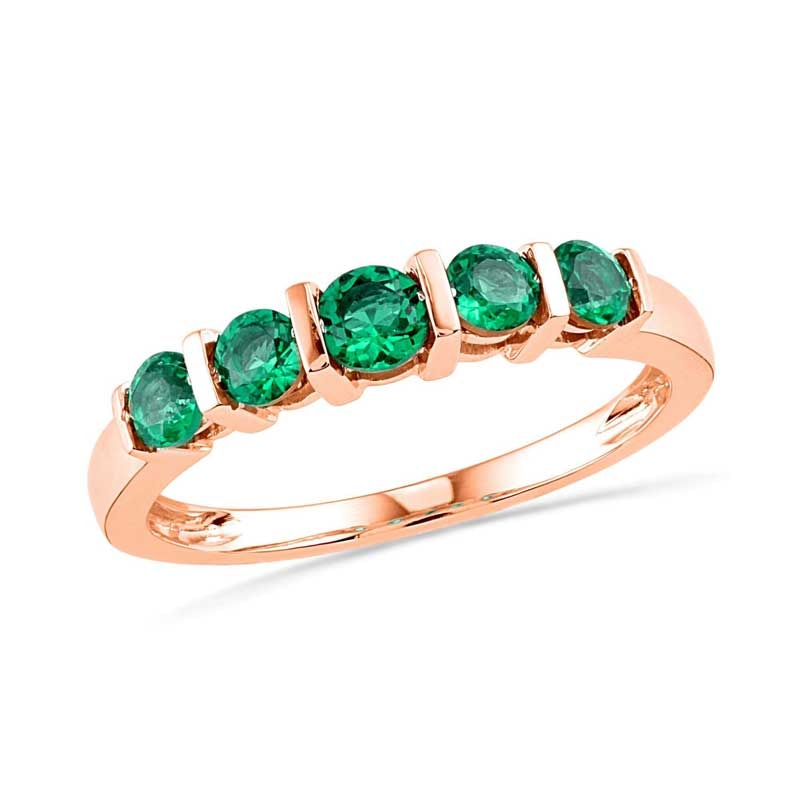 Lab-Created Emerald Five Stone Anniversary Band in 10K Rose Gold|Peoples Jewellers