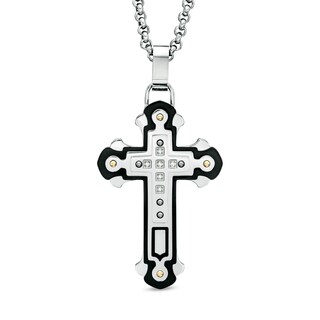 Men's Diamond Accent Cross Pendant in Two-Tone Stainless Steel - 24"