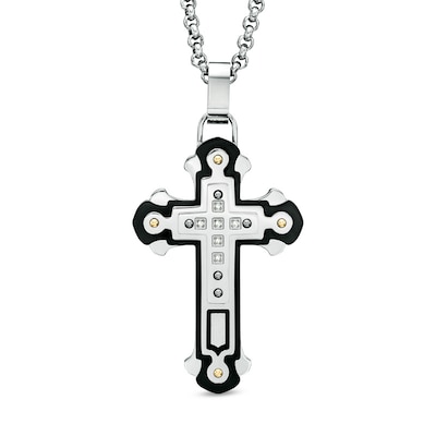 Men's Diamond Accent Cross Pendant in Two-Tone Stainless Steel - 24"