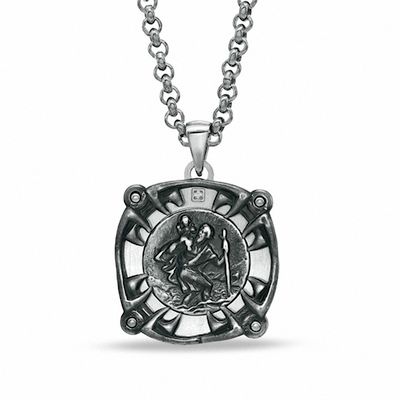 Black & Blue Jewelry Co. Men's Diamond Accent Saint Christopher Medal Pendant in Stainless Steel - 24"