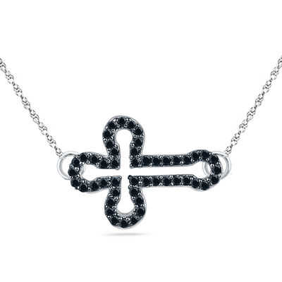 0.16 CT. T.W. Black Diamond Open Sideways Cross Necklace in Sterling Silver