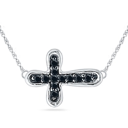 Black Diamond Accent Sideways Cross Necklace in 10K White Gold