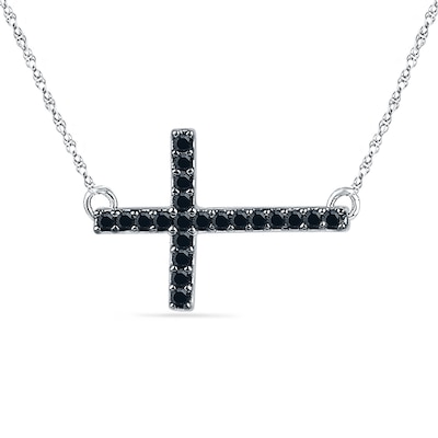 0.16 CT. T.W. Black Diamond Stick Sideways Cross Necklace in Sterling Silver