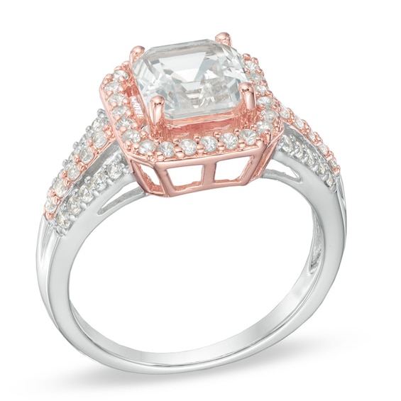 7.0mm Asscher-Cut Lab-Created White Sapphire Frame Ring in Sterling Silver and 14K Rose Gold Plate