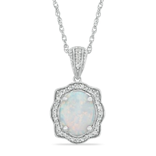 Oval Lab-Created Opal and White Sapphire Scallop Frame Pendant in Sterling Silver