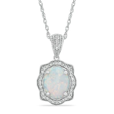 Oval Lab-Created Opal and White Sapphire Scallop Frame Pendant in Sterling Silver