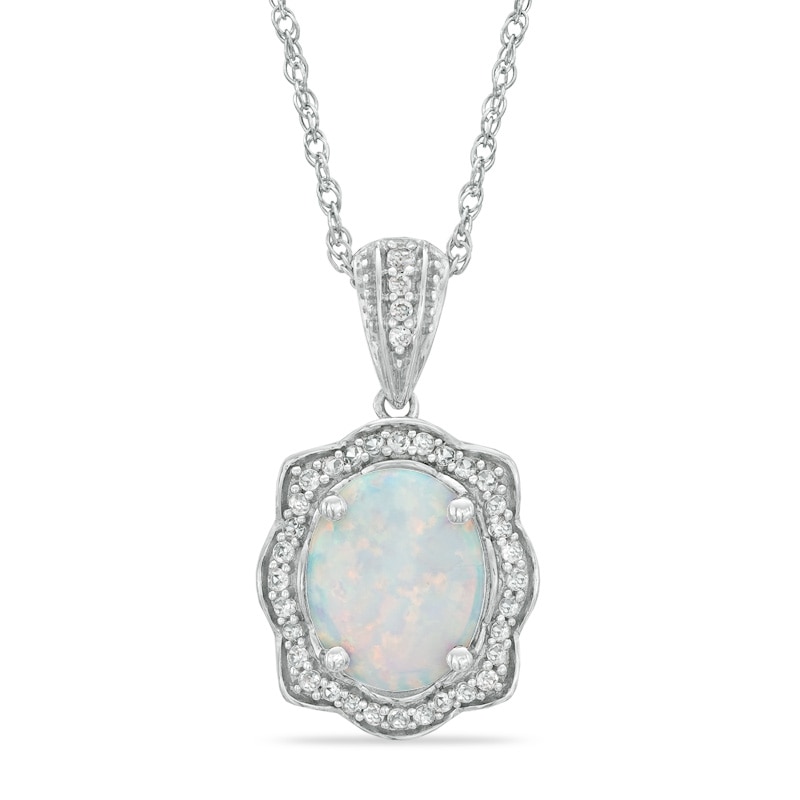 Oval Lab-Created Opal and White Sapphire Scallop Frame Pendant in Sterling Silver
