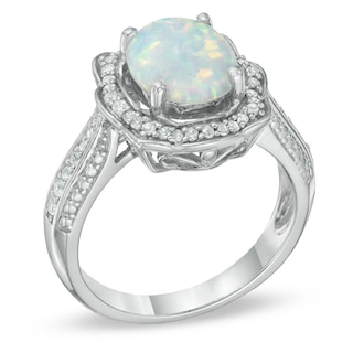 Oval Lab-Created Opal and White Sapphire Scallop Frame Ring in Sterling Silver